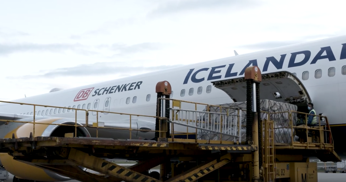 The fuselage of Icelandair plane with DB Schenker branding