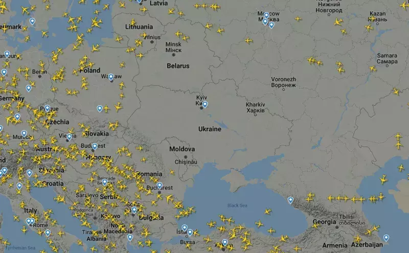 A screen image of Flightradar24 map (1330 hrs CET) that shows real-time commercial aircraft flight tracking information A screen image of Flightradar24 map (1330 hrs CET) that shows real-time commercial aircraft flight tracking information