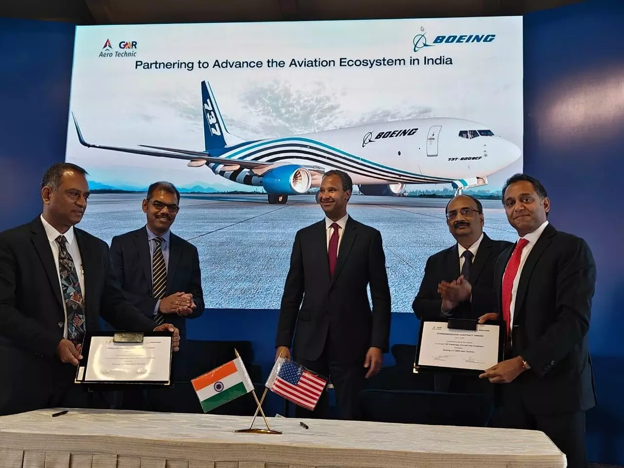 (From L to R) Ashok Gopinath, CEO, GMR Aero Technic, Pradeep Panicker, CEO, GHIAL & Board of Directors for GMR Aero Technic, Marc Allen, chief strategy officer, The Boeing Company, Ashwani Bhargava, senior director supply chain, Boeing India and Salil Gupte, president, Boeing India (From L to R) Ashok Gopinath, CEO, GMR Aero Technic, Pradeep Panicker, CEO, GHIAL & Board of Directors for GMR Aero Technic, Marc Allen, chief strategy officer, The Boeing Company, Ashwani Bhargava, senior director supply chain, Boeing India and Salil Gupte, president, Boeing India