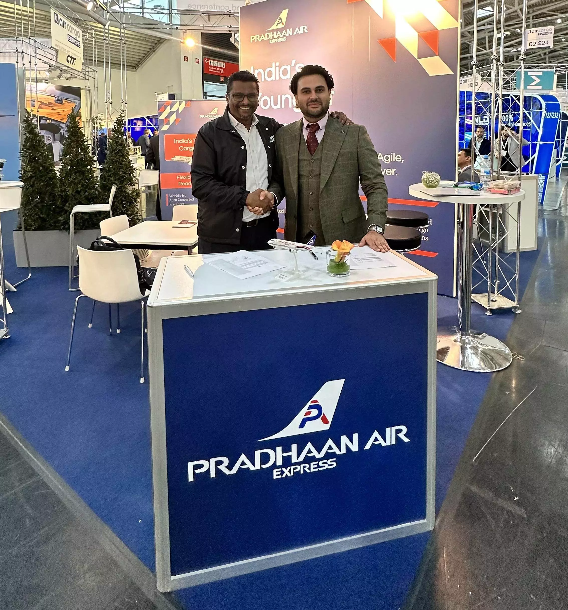 Francis Antony, Group Head Cargo Commercial, Teleport and Nipun Anand, founder and CEO, Pradhaan Air Express signing the MoU at air cargo Europe in Munich