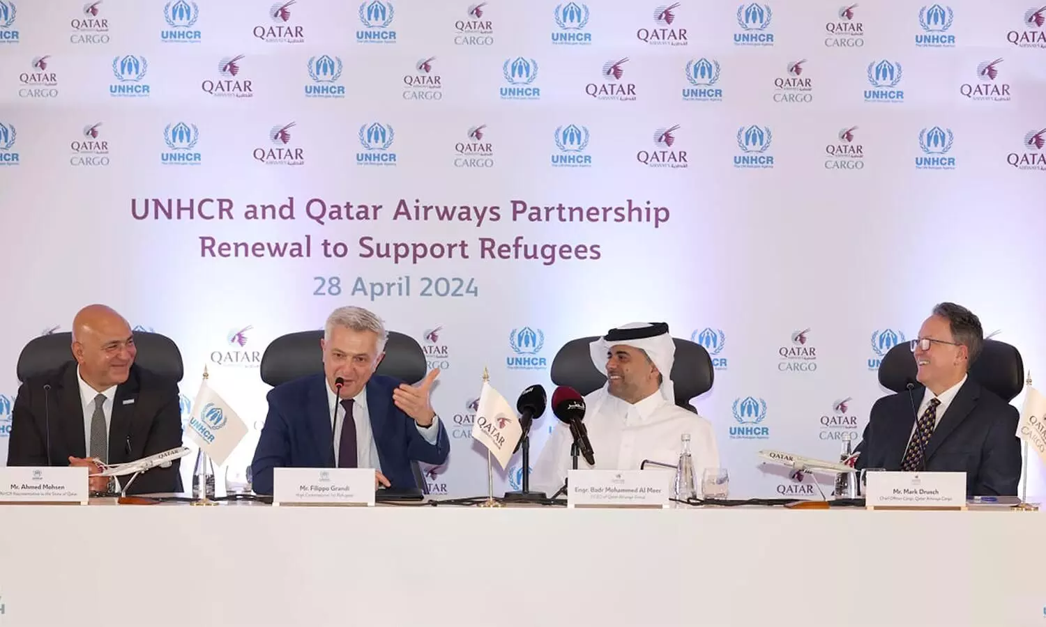 UNHCR’s Representative to the State of Qatar Ahmed Mohsen, the UN High Commissioner for Refugees Filippo Grandi, Qatar Airways Group chief executive officer Badr Mohammed Al-Meer and Qatar Airways chief cargo officer Mark Drusch.