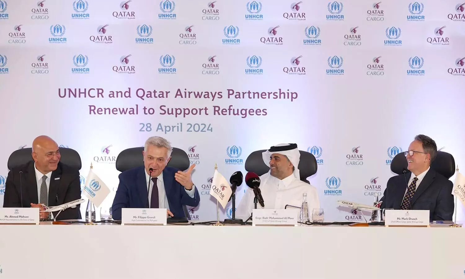 UNHCR’s Representative to the State of Qatar Ahmed Mohsen, the UN High Commissioner for Refugees Filippo Grandi, Qatar Airways Group chief executive officer Badr Mohammed Al-Meer and Qatar Airways chief cargo officer Mark Drusch. UNHCR’s Representative to the State of Qatar Ahmed Mohsen, the UN High Commissioner for Refugees Filippo Grandi, Qatar Airways Group chief executive officer Badr Mohammed Al-Meer and Qatar Airways chief cargo officer Mark Drusch.