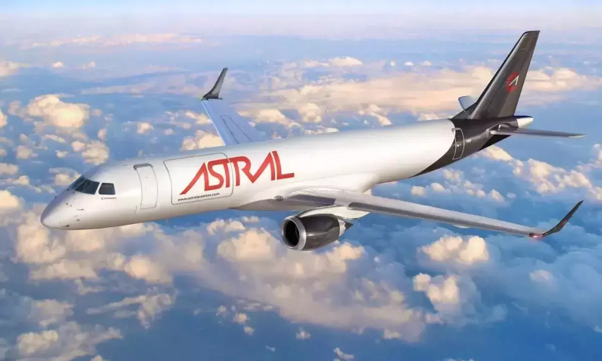 A computer-rendered image of an Embraer E190F in Astral Aviations livery