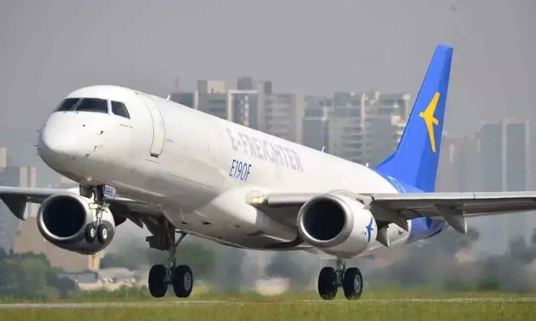 An Embraer E190F aircraft taking off for its first flight in April 2024