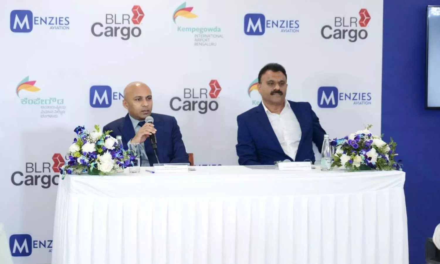 Satyaki Raghunath, COO of BLR Airport, and Anil K, CEO of Menzies Aviation, interacting with the media Satyaki Raghunath, COO of BLR Airport, and Anil K, CEO of Menzies Aviation, interacting with the media