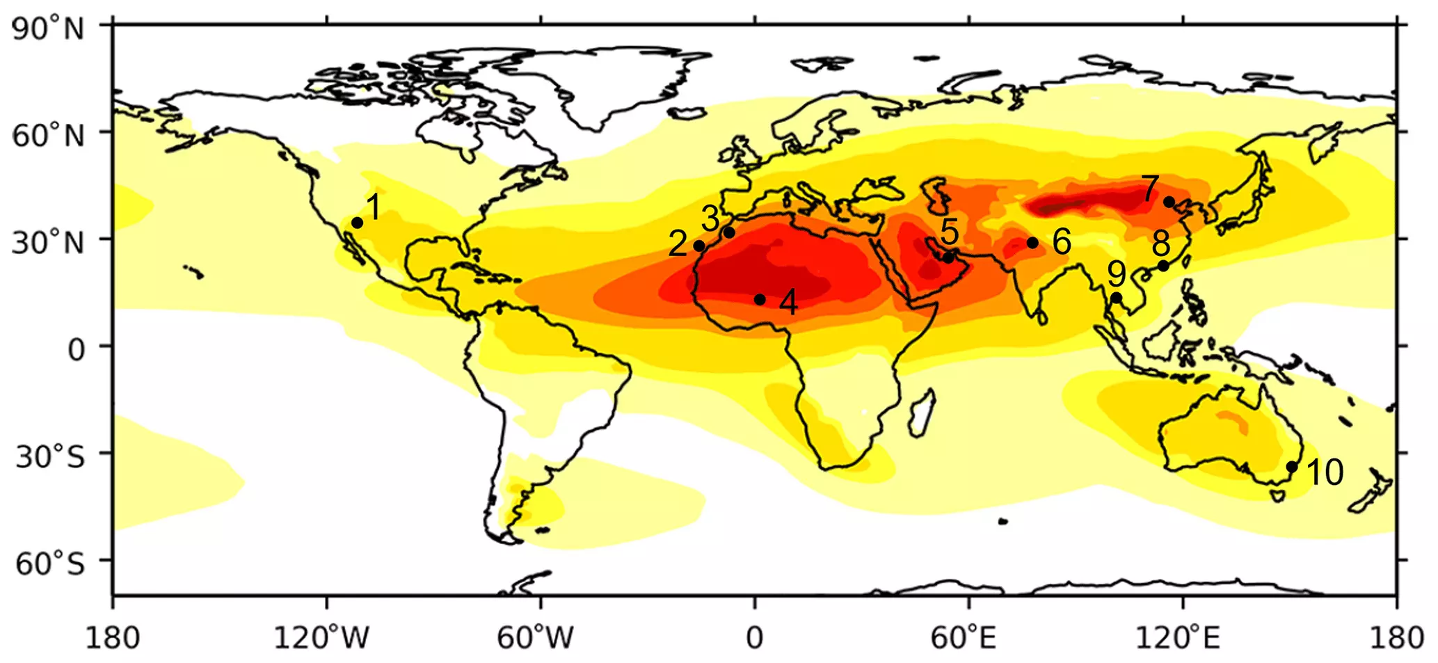 The locations of the 10 airports used in the study. 1= Phoenix, 2=Canary Islands, 3=Marrakesh, 4=Niamey, 5=Dubai, 6=Delhi, 7=Beijing, 8=Hong Kong, 9=Bangkok, 10=Sydney with an overlay showing the distribution of annual average column dust loading from CAMS from 2005-2014, adapted from Zhao et al. (2022). Source: Copernicus The locations of the 10 airports used in the study. 1= Phoenix, 2=Canary Islands, 3=Marrakesh, 4=Niamey, 5=Dubai, 6=Delhi, 7=Beijing, 8=Hong Kong, 9=Bangkok, 10=Sydney with an overlay showing the distribution of annual average column dust loading from CAMS from 2005-2014, adapted from Zhao et al. (2022). Source: Copernicus