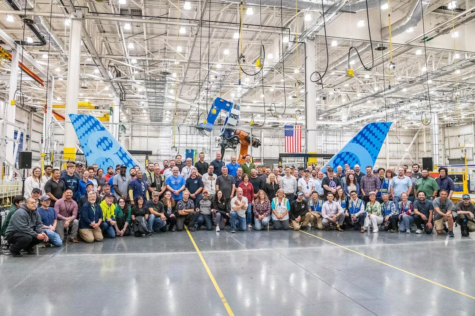 Teammates in the Composite Spar Shop celebrate the start of 777-8 freighter production. (Marian Lockhart photo) Teammates in the Composite Spar Shop celebrate the start of 777-8 freighter production. (Marian Lockhart photo)