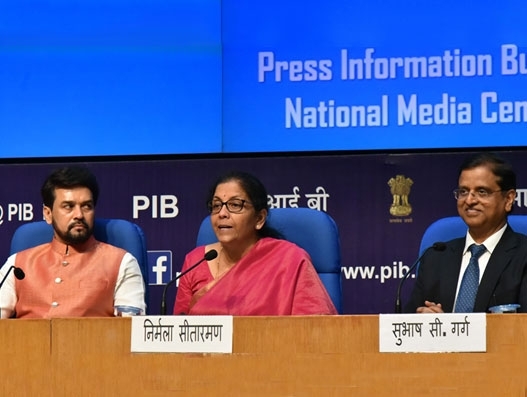 Union minister for finance and corporate affairs, Nirmala Sitharaman (centre) addressing a Post Budget Press Conference, in New Delhi on July 5, 2019. Logistics