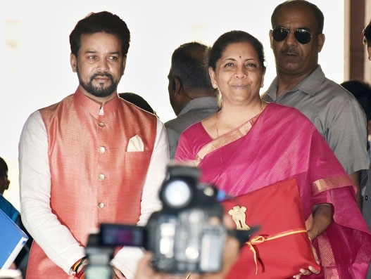 Union minister for finance and corporate affairs, Nirmala Sitharaman along with the minister of state for finance and corporate affairs, Anurag Singh Thakur arrives at Parliament House to present the Union Budget 2019-20, in New Delhi on July 5, 2019. Logistics