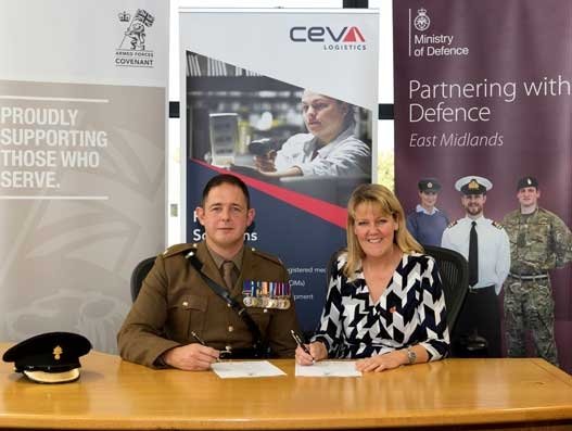 Major Ty-Lee Beader, chief of staff ministry of defence and Nicola Hartley CEVA Logistics, HR director United Kingdom, Ireland and Nordics during the signing of the Armed Force Covenant. Logistics