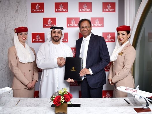 Ajay Singh, chairman and managing director, SpiceJet and Adnan Kazim, chief commercial officer, Emirates after signing the codeshare agreement. Aviation