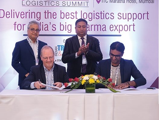 The signing ceremony between Frank Van Gelder, secretary general, Pharma.Aero; and Abdul Gafoor, director - enterprise solutions, Delhivery. (From L-R): Donald De Souza, director commercial, Sharjah International Airport; and Manoj Singh, SVP & head cargo, Mumbai International Airport Limited witnessed the signing. Logistics