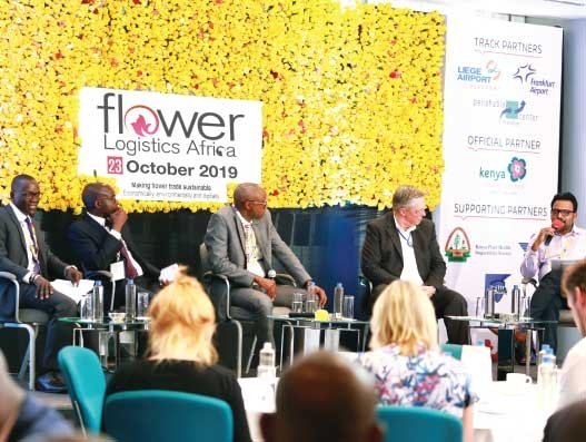 (L-R) Clement Tulezi of Kenya Flower Council, Fred Kong'Ong'O of USAID, Jacob Bwana of Kenya Airports Authority, Roland Weil of Frankfurt Airport and moderator Reji John discuss the impact of AfCFTA on the African flower trade Logistics