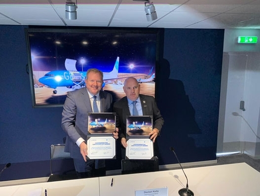 Stanley A Deal, president and CEO, global services at The Boeing Company and Declan J Kelly, COO, GE Capital, aviation services during the press conference at the Paris Air Show 2019. Aviation