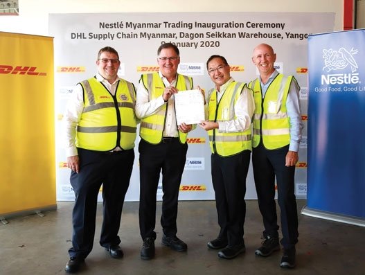 (L-R): Kevin Burrell, CEO of DHL Supply Chain Thailand cluster; Terry Ryan, CEO of DHL Supply Chain Asia Pacific; Victor Seah, CEO of Nestlé Indochina; and Stephen Knight, country manager of Nestlé Myanmar mark the partnership between Nestlé Myanmar Trading and DHL Supply Chain Myanmar at DHL's Dagon Seikkan Warehouse, Yangon. Air Cargo