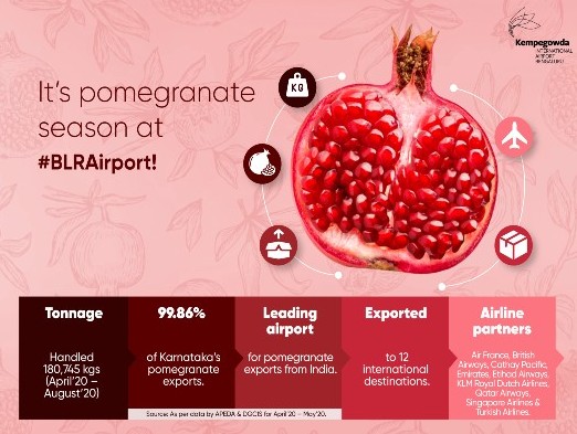 BLR Airport handles 180,745 kg of pomegranates from April-August 2020 BLR Airport handles 180,745 kg of pomegranates from April-August 2020